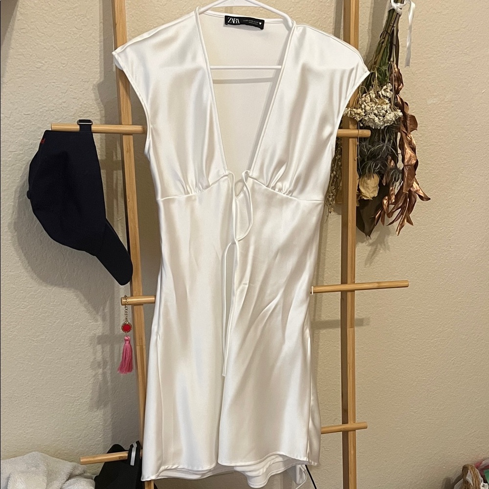 Zara Ivory Satin V-Neck Dress